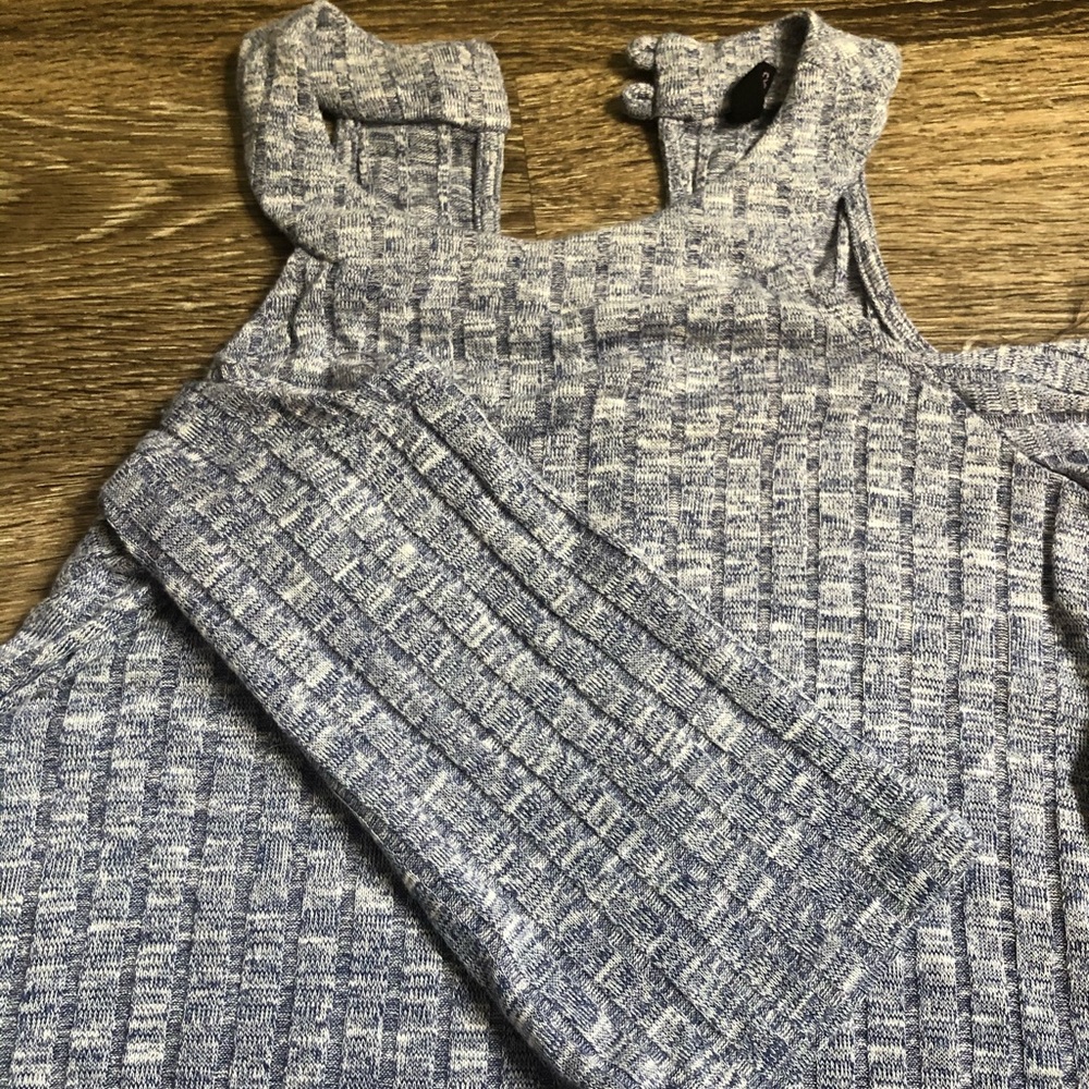 open shoulder blue/grey dress